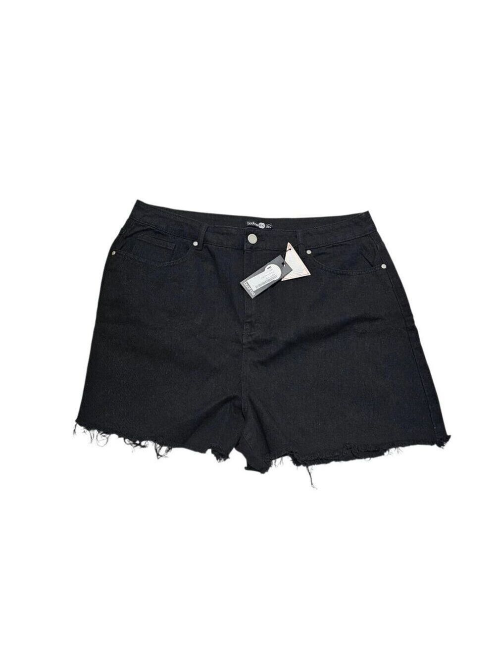 Boohoo Plus Denim Mom Shorts Size 16 Black High Waisted Cut Off Raw Hem